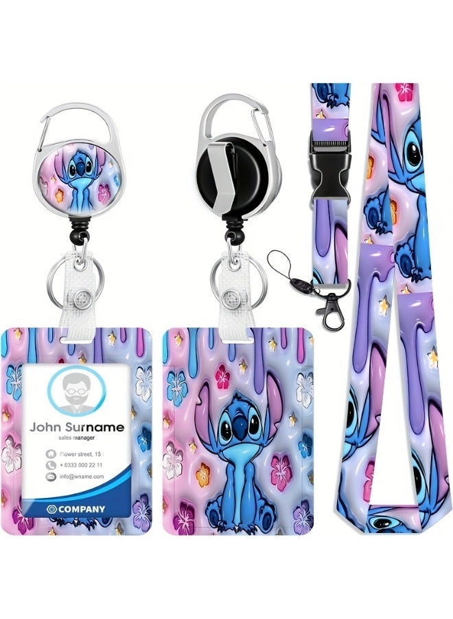 Disney Three-in-one Disney blue flower Stitch logo plastic ID holder with lanyard, retractable ID roll, keychain and extension chain - suitable for workers, students, bus drivers, doctors, nurses, etc. - Image 1